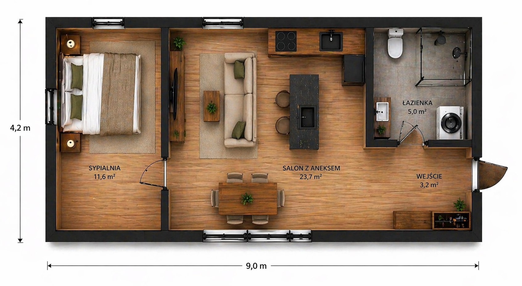 Rzut i wymiary domku 35 m²